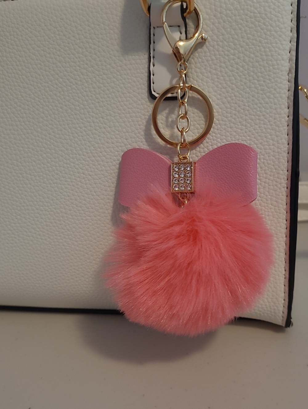 Pink Pom Pom Bow Keychain Charm